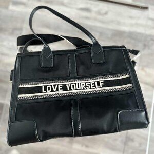 BOSALINA Black Nylon Crossbody Handbag with LOVE YOURSELF Woven Band - One Size